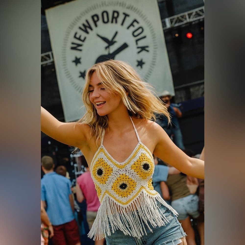 Handmade Crochet Sunflower Yellow Fringe Granny Square Festival Crop Top Med/L